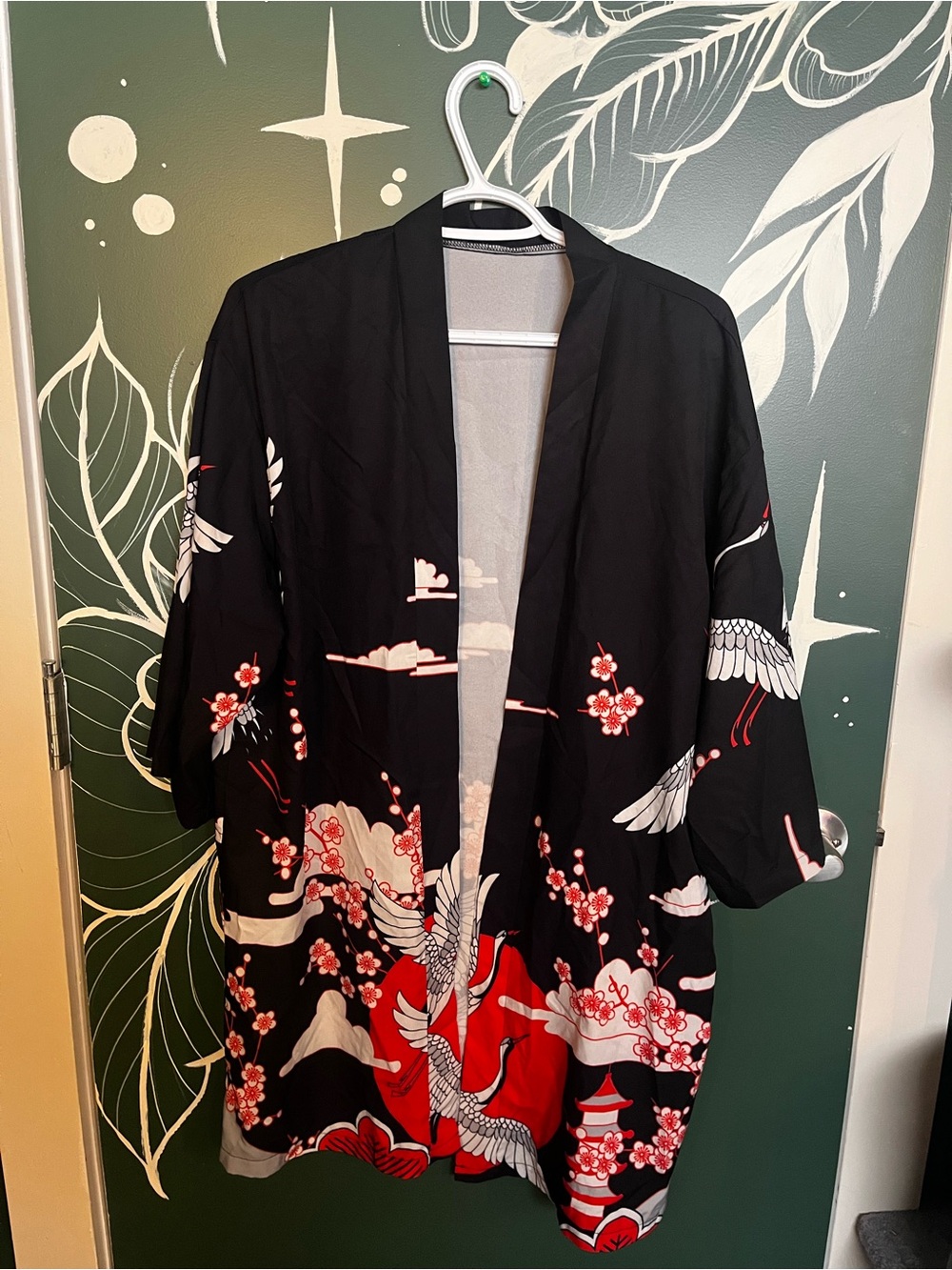 🖤🤍❤️ Black Kimono Jacket with Red & White Crane Print ❤️🤍🖤